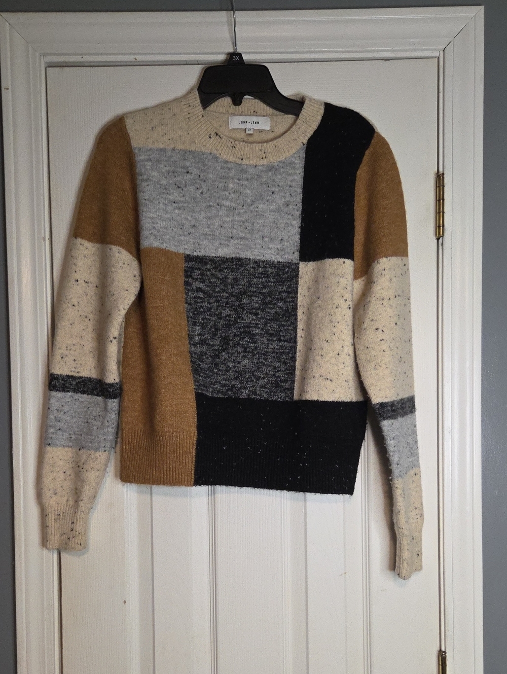 John + Jenn Patchwork Crewneck Sweater in Tan, Black, Gray, and Cream